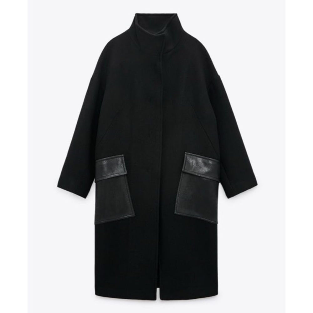 Zara Black Oversized Coat with Faux Leather Pocket Detail